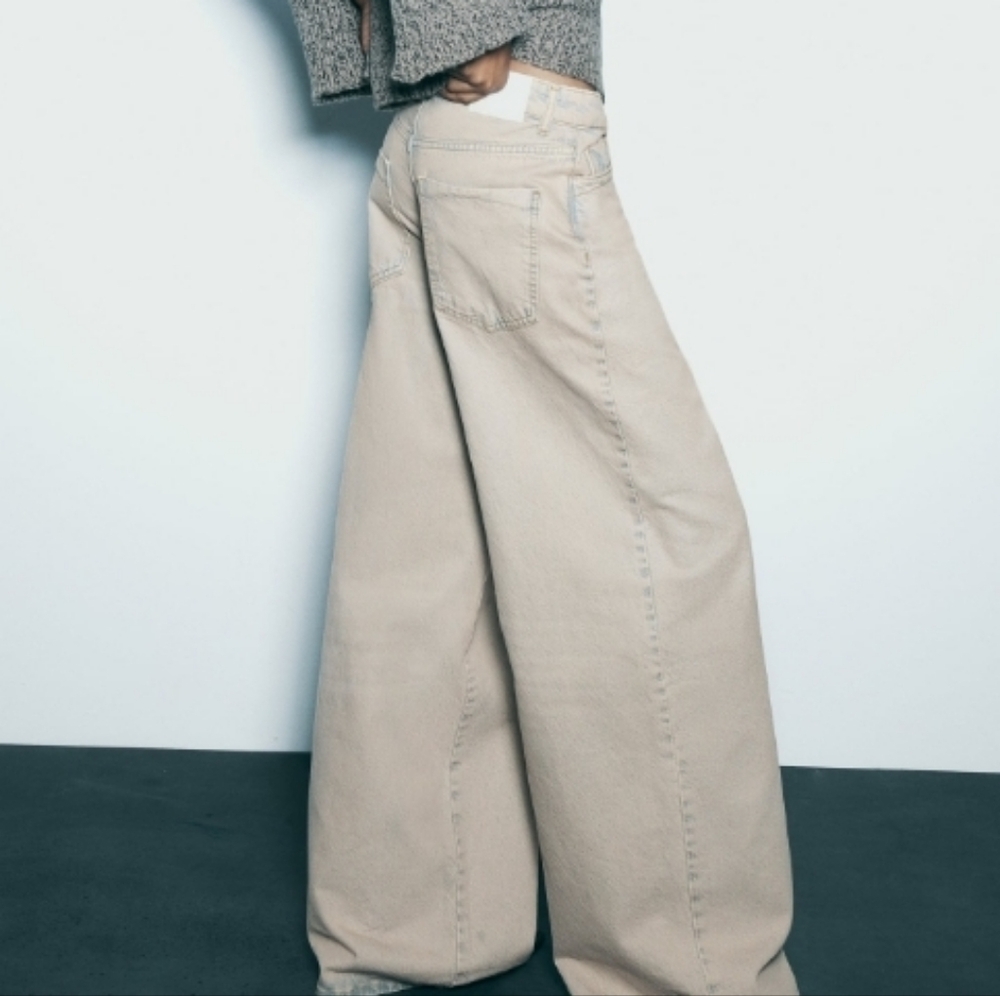 ZARA Pink Stovepipe Overdyed Palazzo Wide Leg Bleach Wash Jeans